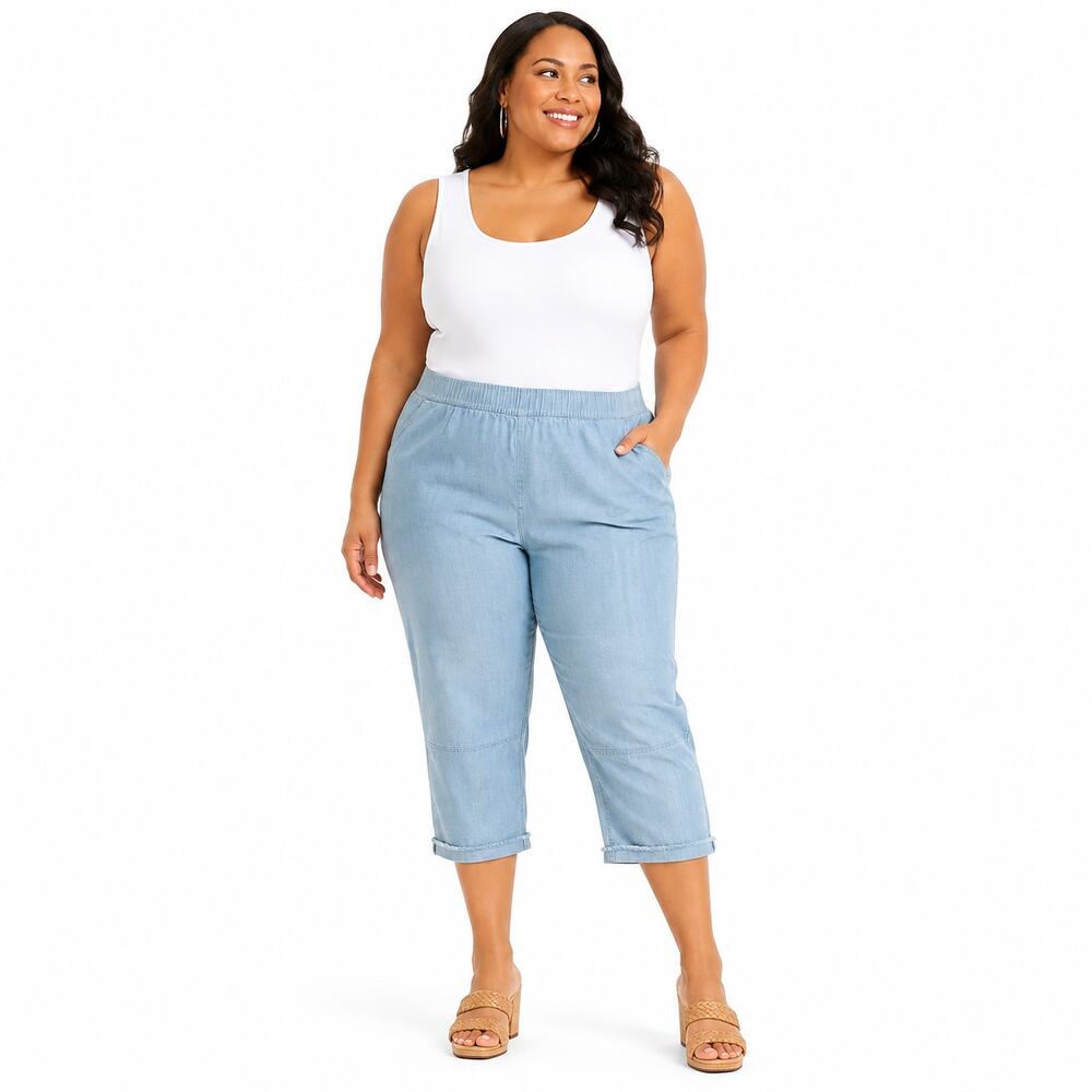 Isaac Mizrahi Live Knit Denim Crop Jeans Fringe Light Blue 18WP Petite NWOT